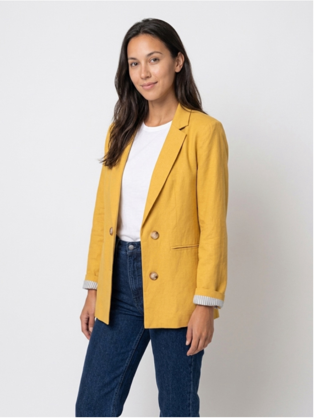 Halston Mustard Yellow Linen Blend Double Breasted Blazer Size Medium